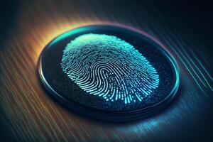 Biometrics identification and cyber security concept. Glowing neon fingerprint on dark background. illustration. photo