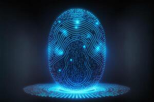 Biometrics identification and cyber security concept. Glowing neon fingerprint on dark background. illustration. photo