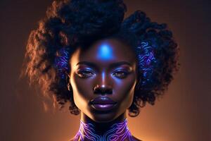 Fashion portrait beautiful black woman in neon studio lighting. illustration photo