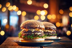 Two delicious burgers of beef, cheese and vegetables on wooden restaurant table. Tasty food close-up. illustration photo