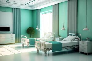 moderno recuperación habitación con camas y cómodo médico equipo. generativo ai ilustración foto
