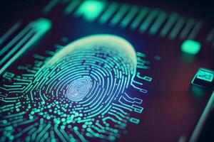 Biometrics identification and cyber security concept. Glowing neon fingerprint on dark background. illustration. photo