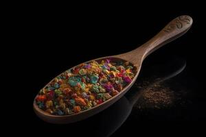 A row of wooden spoons filled with different types of spices on black background. photo