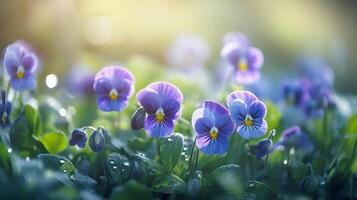 Flowering beautiful pansies in garden close-up. Summer natural banner with pansy flowers. illustration photo