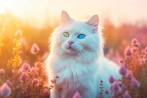 hermosa mullido blanco gato con bicolor ojos en puesta de sol ligero antecedentes. generativo ai ilustración foto