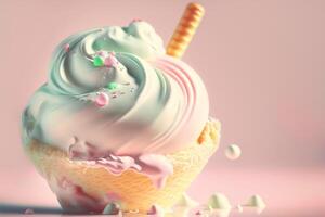 Vanilla Ice Cream Cone decorated with waffle close-up on a pastel background. illustration photo