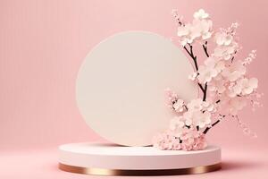 Empty round podium for product display on pink background with cherry blossoms. illustration photo
