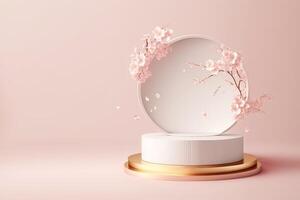 Empty round podium for product display on pink background with cherry blossoms. illustration photo