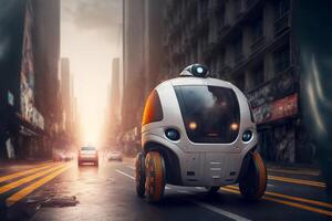 Small yellow robot taxi rides along big city street. Artificial intelligence controls the car. illustration photo