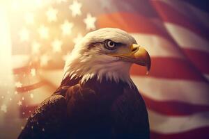 calvo águila en el americano bandera antecedentes. independencia día o bandera día. generativo ai ilustración foto