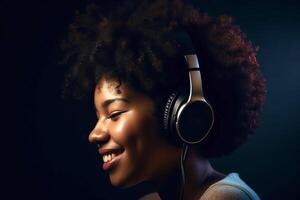 Carefree black woman in profile with afro hair listens song in headphones. illustration photo