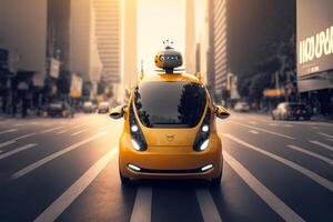 Small yellow robot taxi rides along big city street. Artificial intelligence controls the car. illustration photo