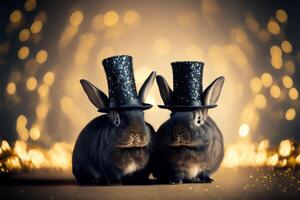 Cute black rabbit in shiny hat on golden bokeh background. Symbol of the year according to Chinese horoscope. illustration photo