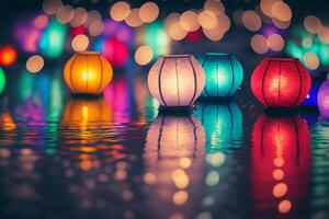 Paper lanterns float on dark water. Traditional Floating Lantern Festival, Memorial Day. illustration photo