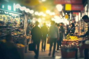 Crowded Street Food Market Blurred Background. Busy street shopping. illustration photo