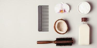 Coconut oil and and combs. Hair care concept photo