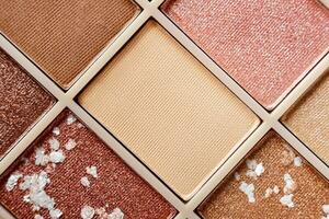 Eyeshadow colorful shades palette in beige tones close-up. Beauty abstract background photo