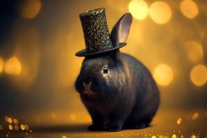 Cute black rabbit in shiny hat on golden bokeh background. Symbol of the year according to Chinese horoscope. illustration photo