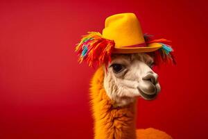 Llama wearing colourful traditional hat on a red background. photo