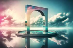 Arched metallic podium on fantasy surreal water landscape. Pastel gradient cloud sky. illustration photo