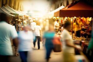 Crowded Street Food Market Blurred Background. Busy street shopping. illustration photo