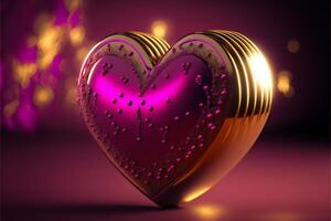 Metallic magenta heart on magenta background with golden bokeh. Valentine's day concept, Love and Wedding greeting card. illustration photo