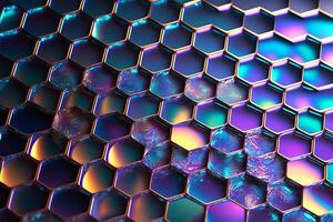 Iridescent holographic textural Background. Honeycomb cells with iridescent highlights. illustration photo