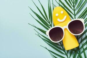 Yellow tube with happy sunscreen face and sunglasses. Sun Ultraviolet protection cosmetics product creative concept photo