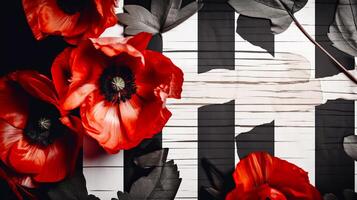 Red poppies on a black white background, copy space. VE-Day or World War remembrance day. illustration photo