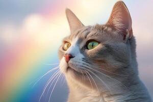 Cute pet cat goes to rainbow. Metaphor for pet's departure to afterlife. illustration photo