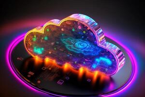 Cloud computing Data Base Technology concept with glowing neon structures on a dark background. illustration photo