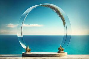 Minimal Glass arch podium on a sea background. illustration photo