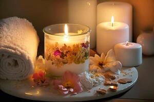 Beauty spa treatment and relax composition with burning candles and flowers. illustration photo