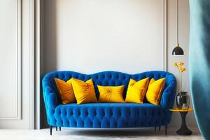 Living room interior mockup with blue sofa and yellow accessories. illustration photo