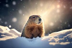 Happy Groundhog Day. Groundhog emerges from a snowy hole after hibernation. illustration photo