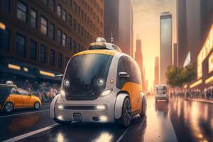 Small yellow robot taxi rides along big city street. Artificial intelligence controls the car. illustration photo