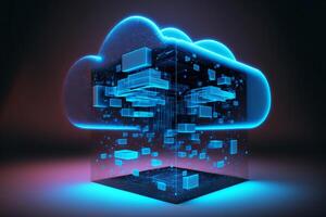 Cloud computing Data Base Technology concept with glowing neon structures on a dark background. illustration photo