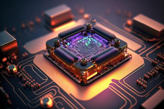 Motherboard with electronic circuits and CPU with glowing neon structures. Abstract cybernetic technologies. illustration photo