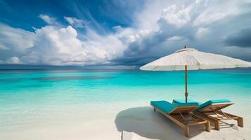 sillas y paraguas en un arenoso playa con vista a turquesa océano. generativo ai ilustración foto