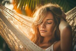 Carefree young woman portrait relaxing in hammock. illustration photo