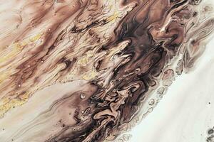 Fluid Art acrylic paints. Abstract mixing brown, black and white waves. Liquid flows splashes. Marble effect background or texture photo