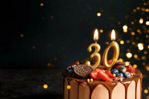 Chocolate birthday cake with berries, cookies and number thirty golden candles on black background, copy space photo