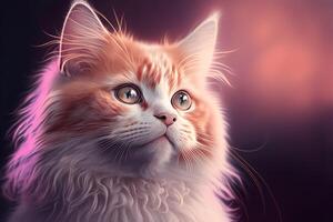 Beautiful fluffy ginger cat portrait on sunset light background. illustration, copy space photo