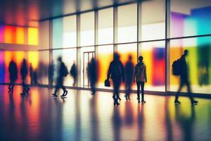 Colorful Blurred shopping mall background with silhouettes of hurrying people. illustration photo