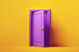 Open purple door on yellow background. Creative concept of accessibility, choice, exit. illustration photo