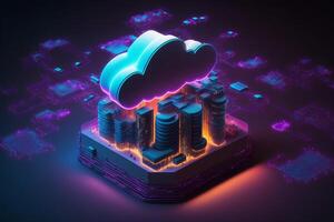 Cloud computing Data Base Technology concept with glowing neon structures on a dark background. illustration photo
