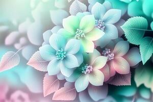 Spring floral gradient background with iridescent surreal flowers, delicate pastel colors. illustration photo