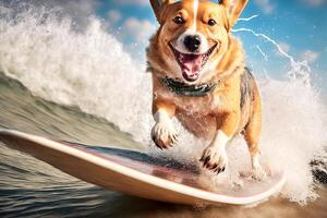 Funny dog rides a surfboard on the ocean waves. Summer vacation concept. illustration photo