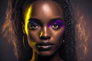 Fashion portrait beautiful black woman in neon studio lighting. illustration photo