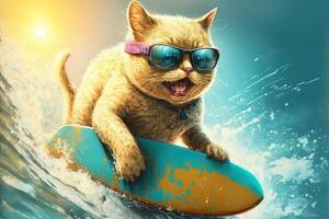 Funny cat in sunglasses rides a surfboard on the ocean waves. Summer vacation concept. illustration photo
